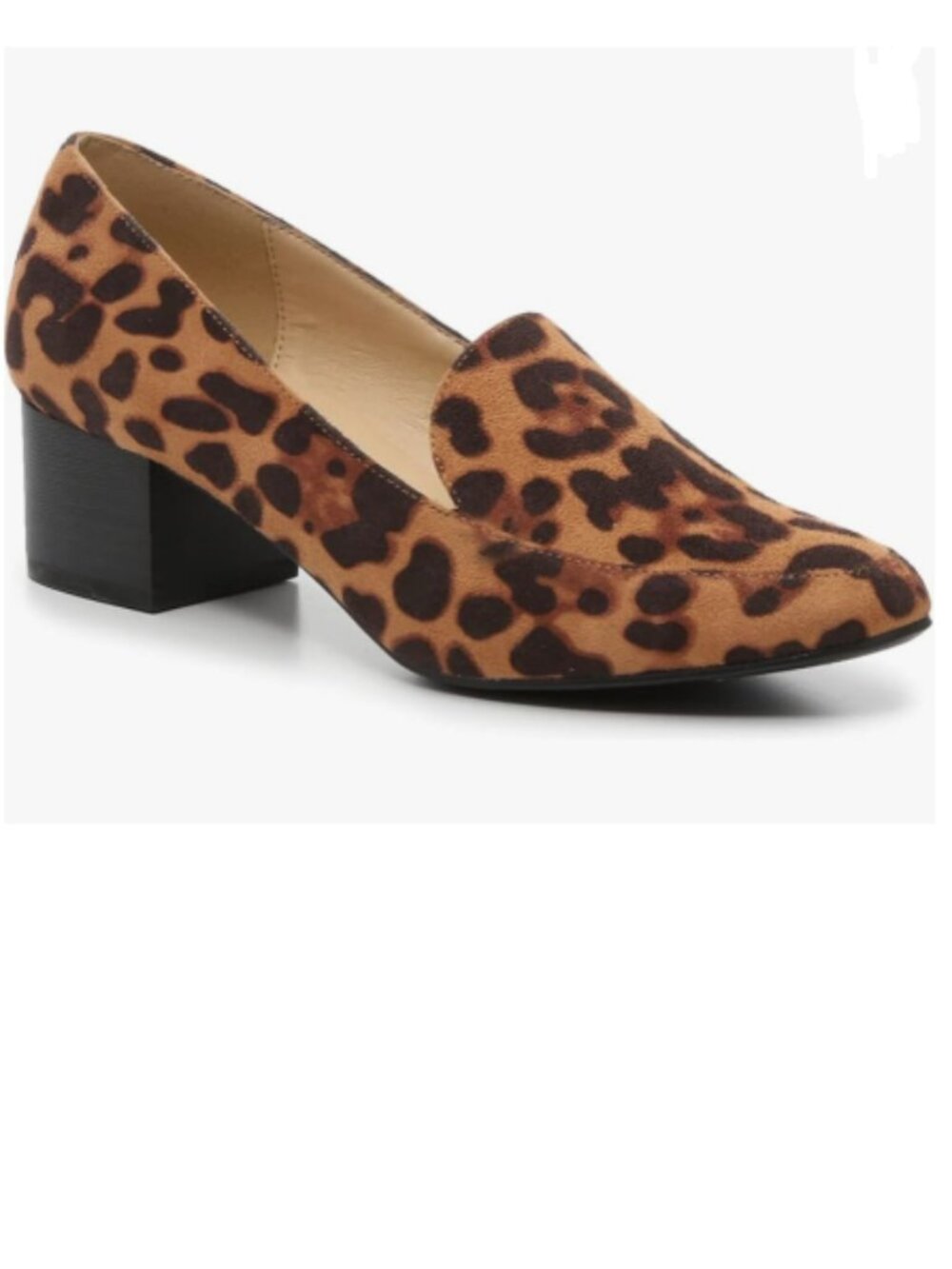 FOWT Black/Lepard Suede Slip On Side V Cut Loafers Almond Toe Chunky Heel Pumps